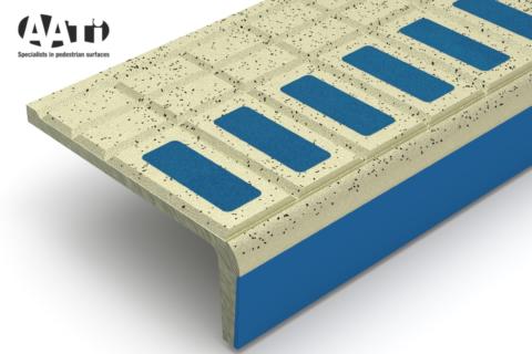 AATi Cast Metal Anti-slip Stair Nosing type SN93/SL3/140 with Blue anti-slip resin fill and in Cast Nickel Bronze